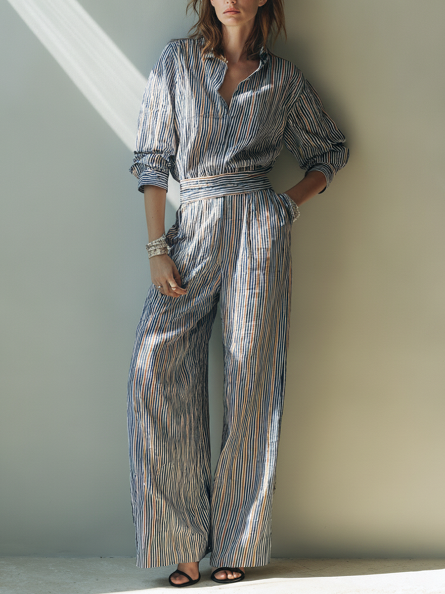 Maëlys - Ensemble Chemise en Lin Mélangé Rayée Multicolore et Pantalon Large
