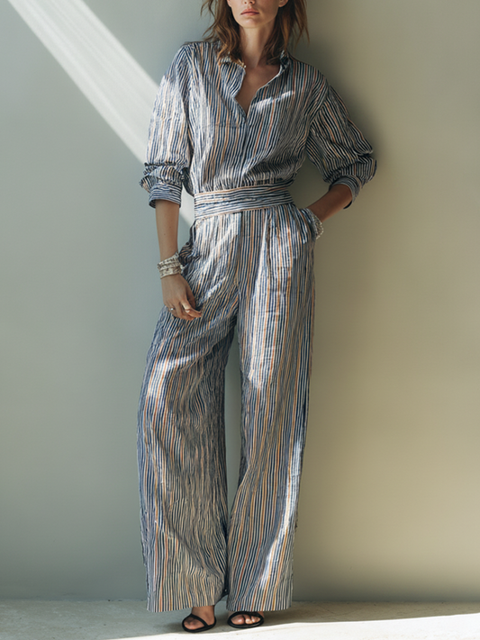 Maëlys - Ensemble Chemise en Lin Mélangé Rayée Multicolore et Pantalon Large