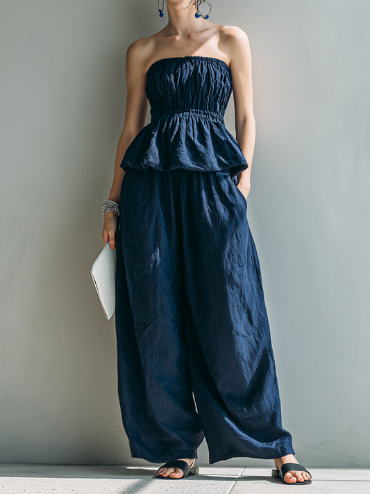 Lorène - Ensemble Top Volant Sans Bretelles en Lin Marine et Pantalon à Jambes Larges