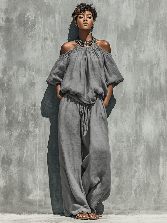Isaure - Ensemble Deux Pièces Top à Manches Bouffantes et Épaules Dégagées en Lin Gris & Pantalons à Taille Ajustable à Jambes Larges