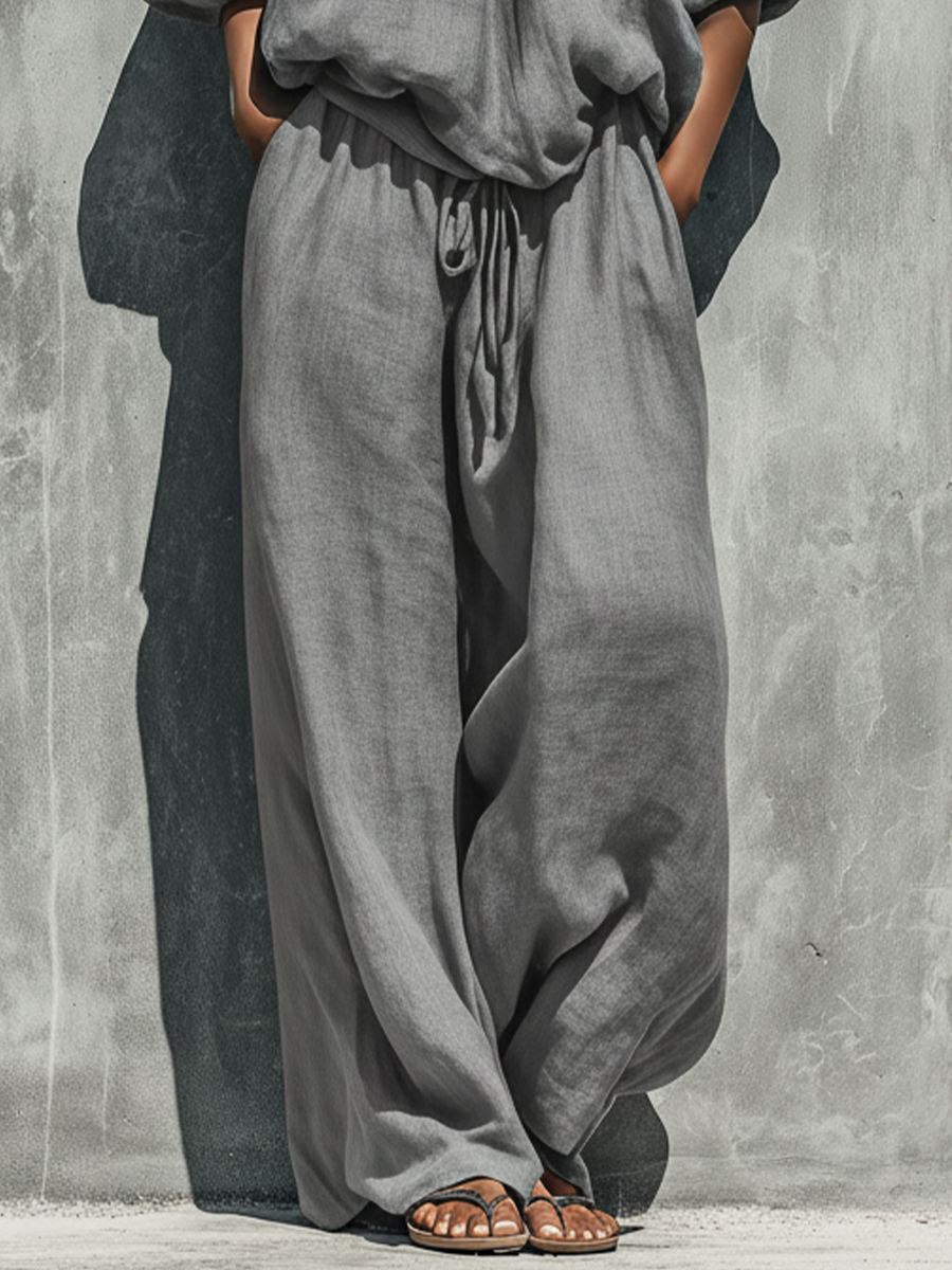 Isaure - Ensemble Deux Pièces Top à Manches Bouffantes et Épaules Dégagées en Lin Gris & Pantalons à Taille Ajustable à Jambes Larges