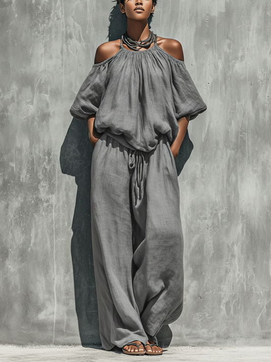 Isaure - Ensemble Deux Pièces Top à Manches Bouffantes et Épaules Dégagées en Lin Gris & Pantalons à Taille Ajustable à Jambes Larges