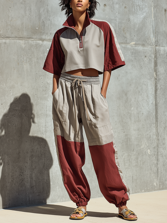Eugénie - Ensemble Deux Pièces Top Court à Manches Courtes à Col Montant Gris Bordeaux avec Demi-Fermeture Éclair & Pantalons Jogging Élastiques à Cordon