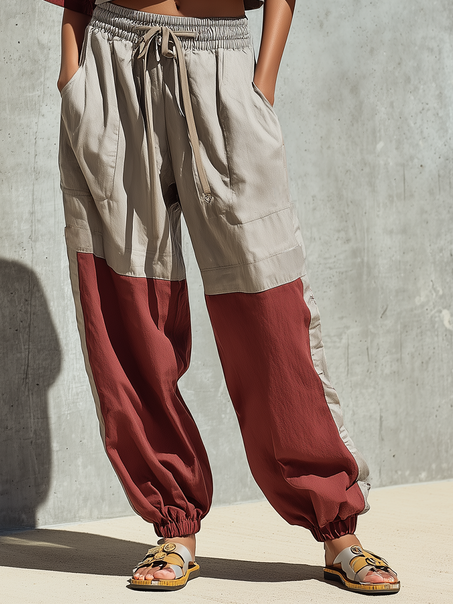 Eugénie - Ensemble Deux Pièces Top Court à Manches Courtes à Col Montant Gris Bordeaux avec Demi-Fermeture Éclair & Pantalons Jogging Élastiques à Cordon