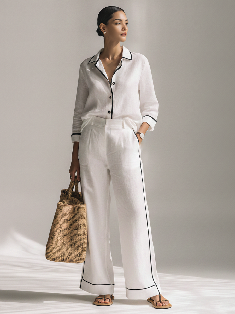Delphine - Chemise blanche en lin avec bord noir, col à revers, manches trois-quarts & pantalon large taille haute, ensemble de style pyjama