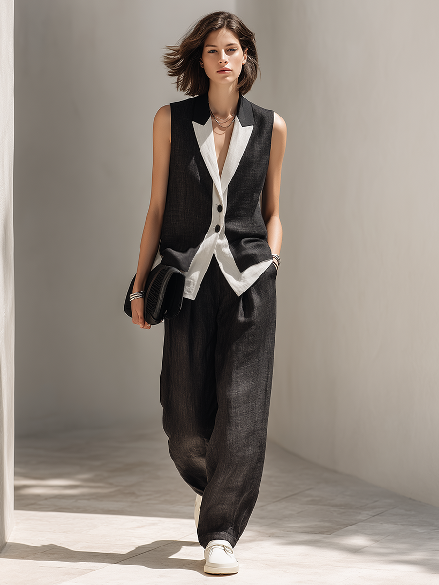 Agathe - Ensemble de gilet sans manches en lin noir à col en color block  et pantalon à jambes larges