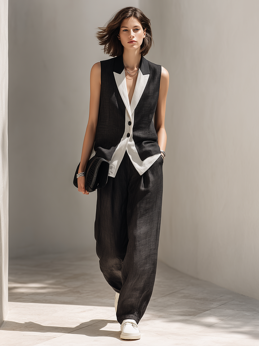 Agathe - Ensemble de gilet sans manches en lin noir à col en color block  et pantalon à jambes larges