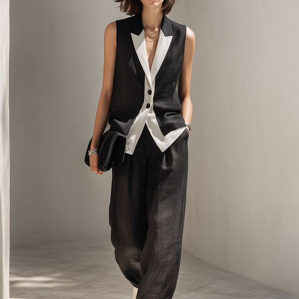 Agathe - Ensemble de gilet sans manches en lin noir à col en color block  et pantalon à jambes larges