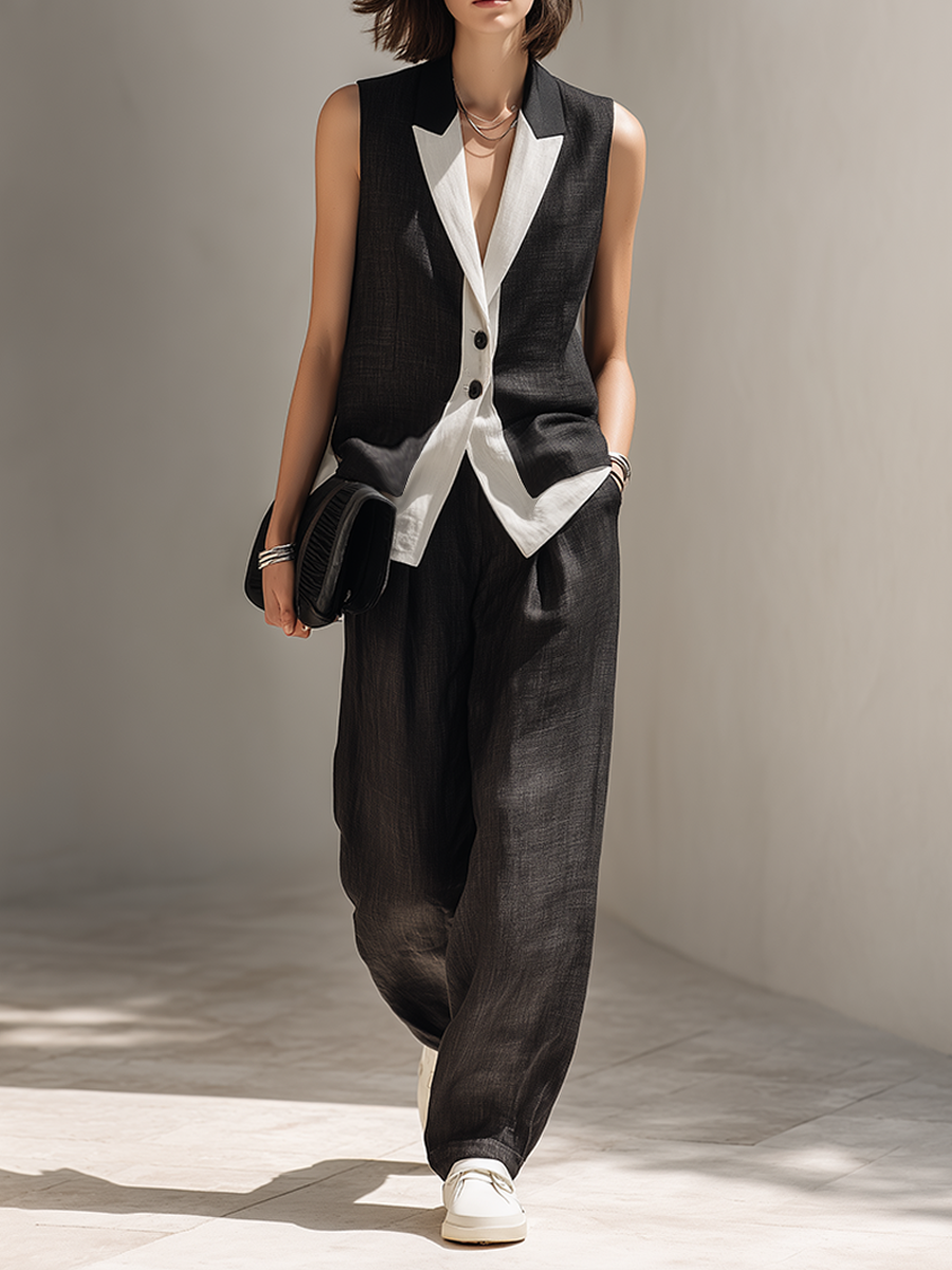Agathe - Ensemble de gilet sans manches en lin noir à col en color block  et pantalon à jambes larges