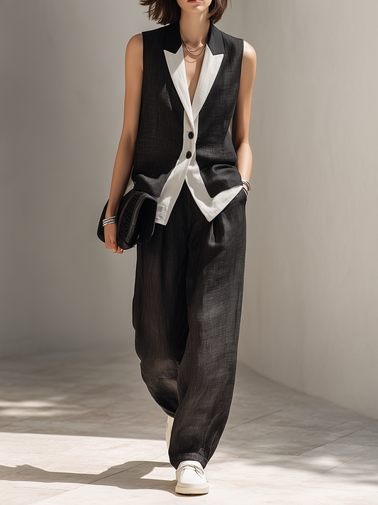 Agathe - Ensemble de gilet sans manches en lin noir à col en color block  et pantalon à jambes larges