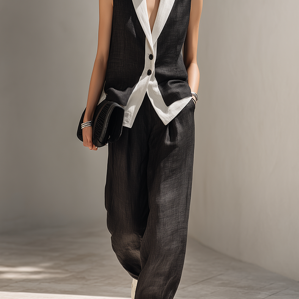 Agathe - Ensemble de gilet sans manches en lin noir à col en color block  et pantalon à jambes larges