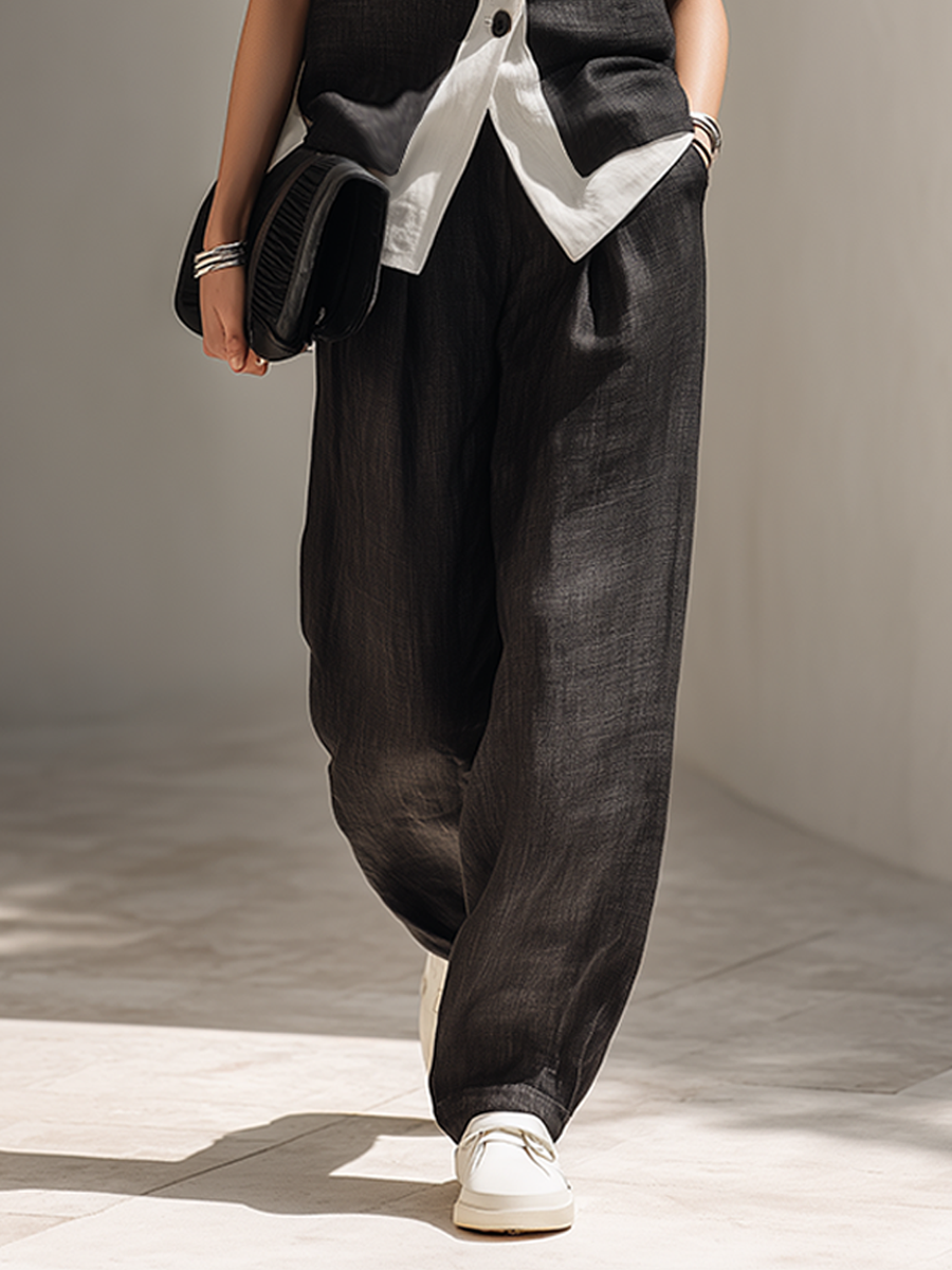 Agathe - Ensemble de gilet sans manches en lin noir à col en color block  et pantalon à jambes larges