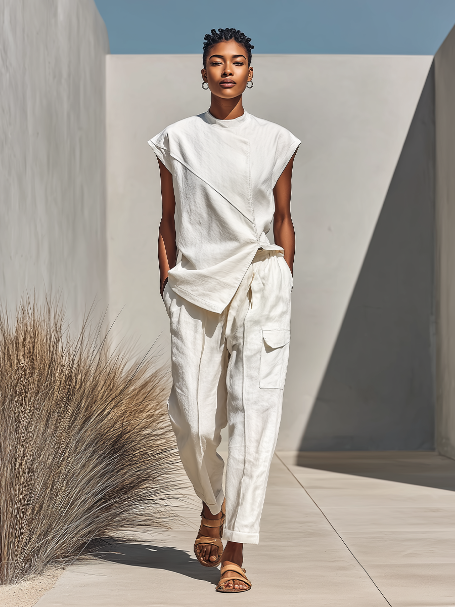 Bérénice - Ensemble assorti en coton mélangé fluide crème avec top à croisé diagonal et pantalon cargo décontracté, ensemble contemporain polyvalent d'été en deux pièces