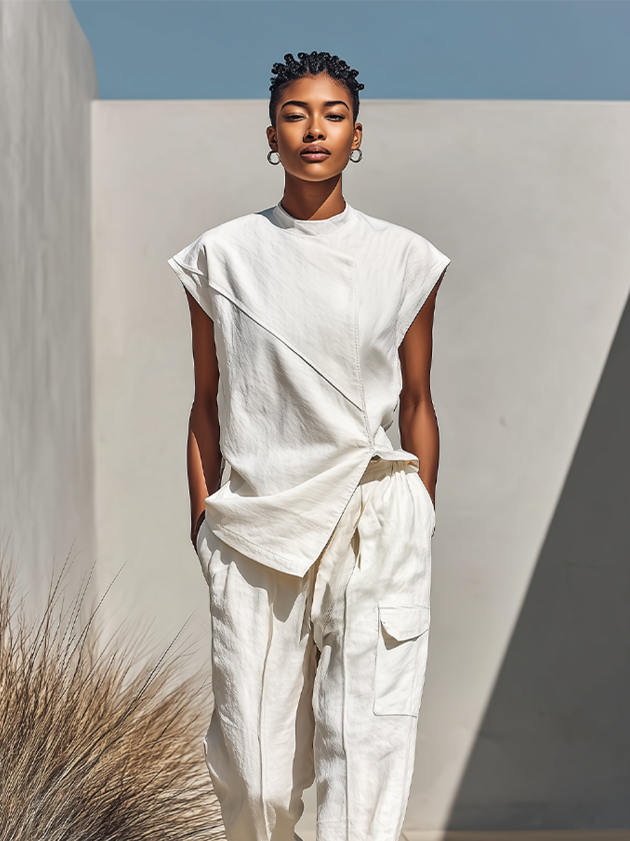 Bérénice - Ensemble assorti en coton mélangé fluide crème avec top à croisé diagonal et pantalon cargo décontracté, ensemble contemporain polyvalent d'été en deux pièces