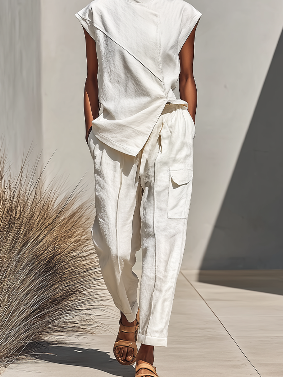 Bérénice - Ensemble assorti en coton mélangé fluide crème avec top à croisé diagonal et pantalon cargo décontracté, ensemble contemporain polyvalent d'été en deux pièces