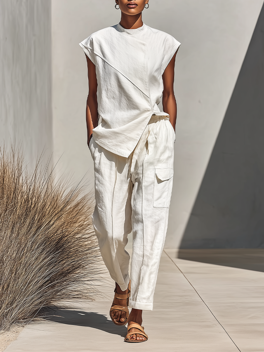 Bérénice - Ensemble assorti en coton mélangé fluide crème avec top à croisé diagonal et pantalon cargo décontracté, ensemble contemporain polyvalent d'été en deux pièces