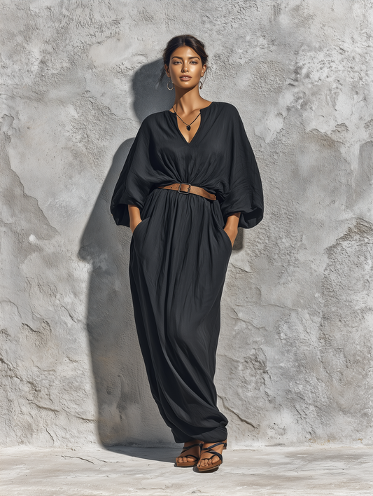 Elian - Robe Maxi Kaftan Loose en Lin Noir à Col V