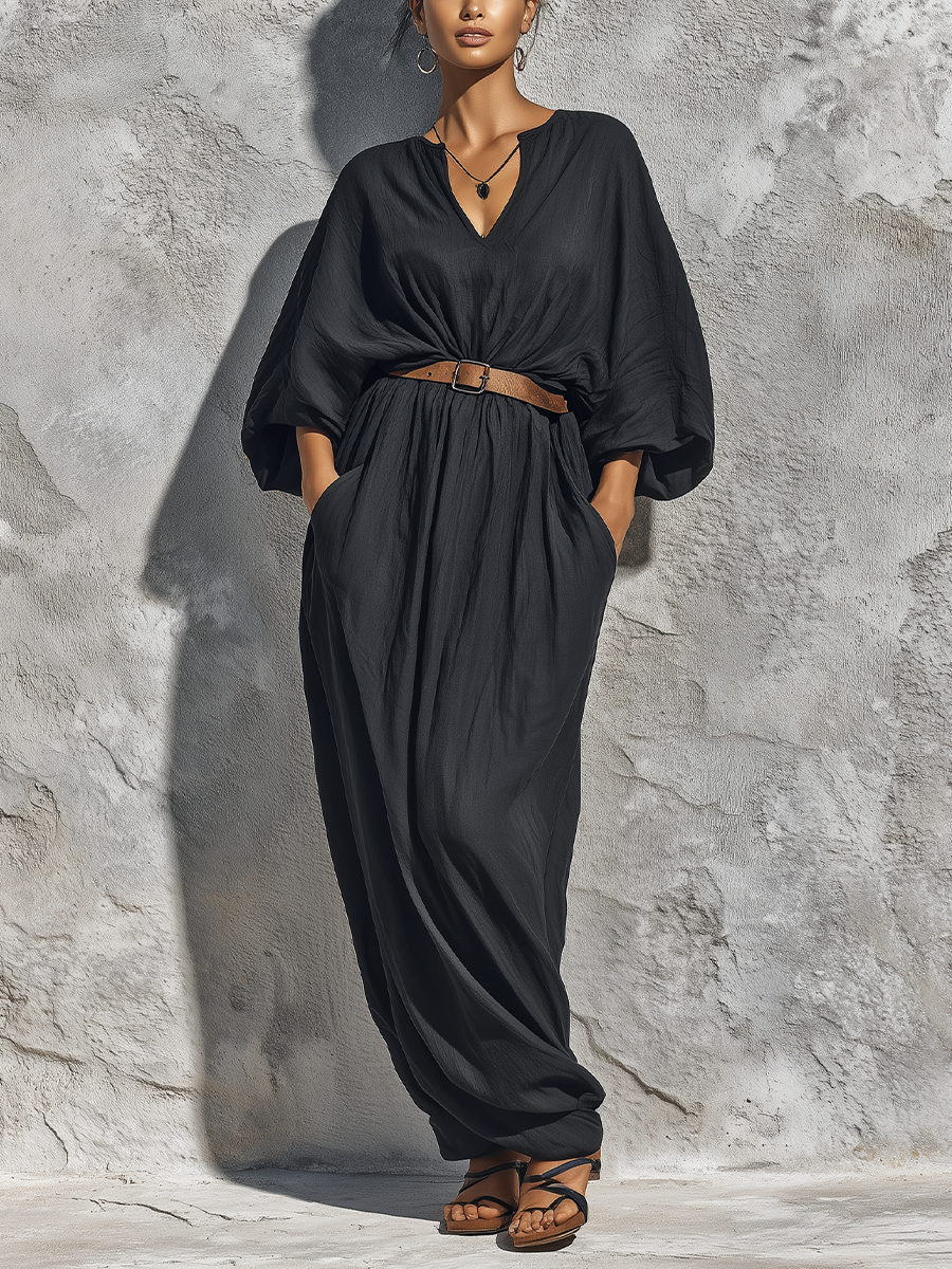 Elian - Robe Maxi Kaftan Loose en Lin Noir à Col V