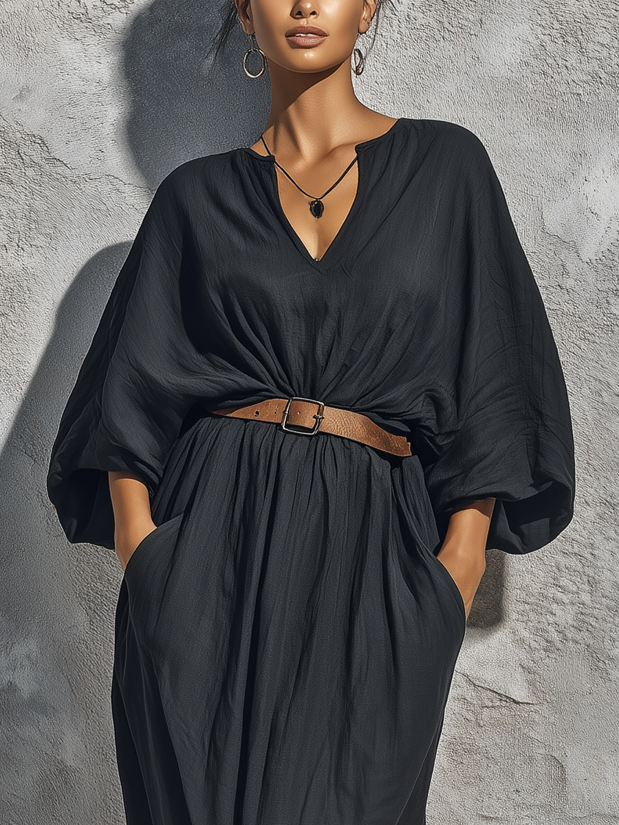 Elian - Robe Maxi Kaftan Loose en Lin Noir à Col V