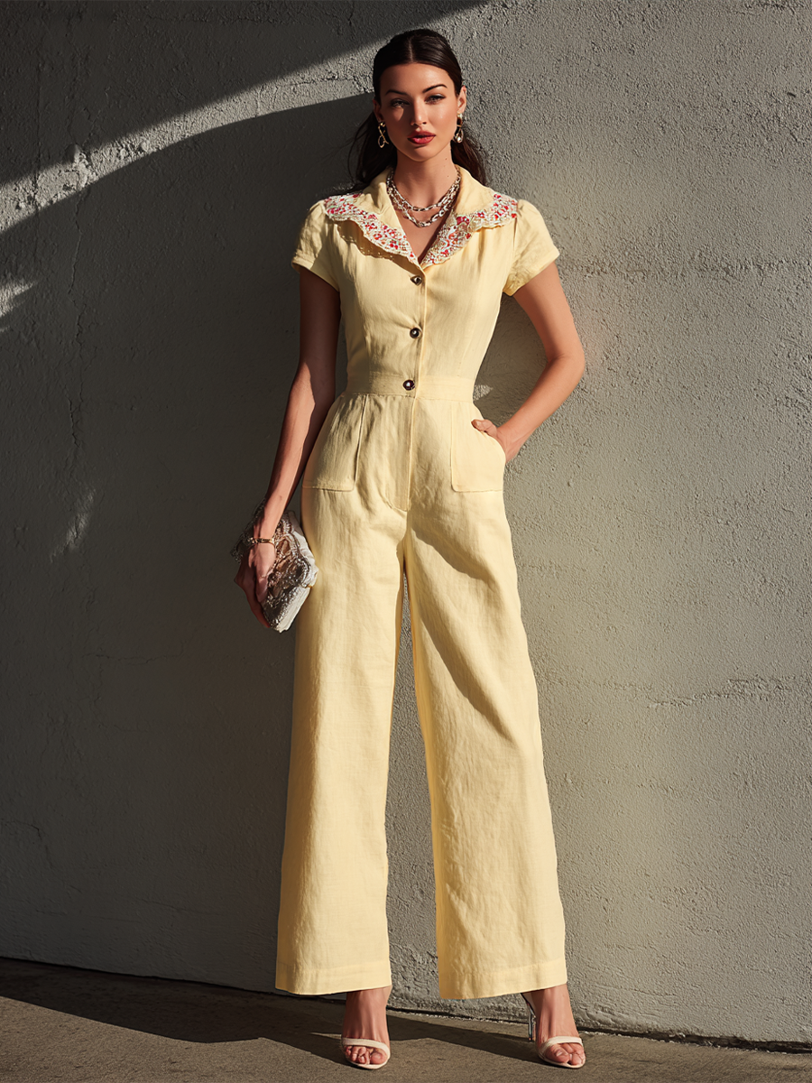Lili - Combinaison Femme Rétro Élégante Jaune Clair