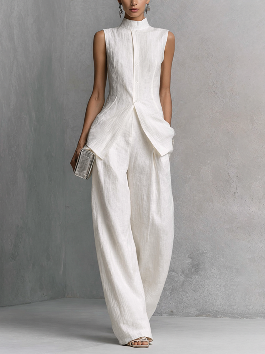 Tiphaine - Ensemble de Top sans Manches en Lin et Coton Blanc Élégant et Pantalons à Jambes Amples