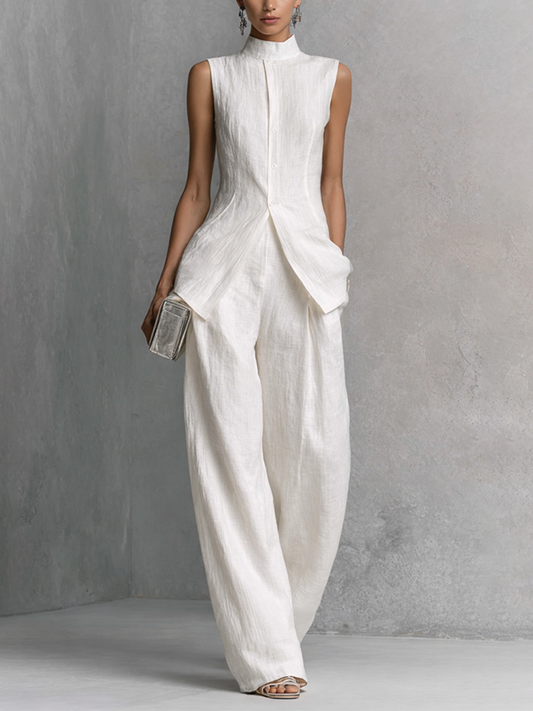 Tiphaine - Ensemble de Top sans Manches en Lin et Coton Blanc Élégant et Pantalons à Jambes Amples