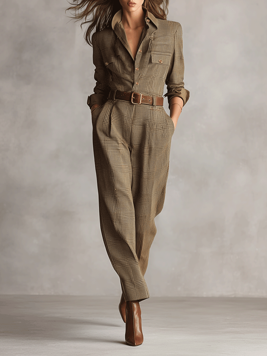 Mirelle - Combinaison utilitaire sophistiquée en tweed marron