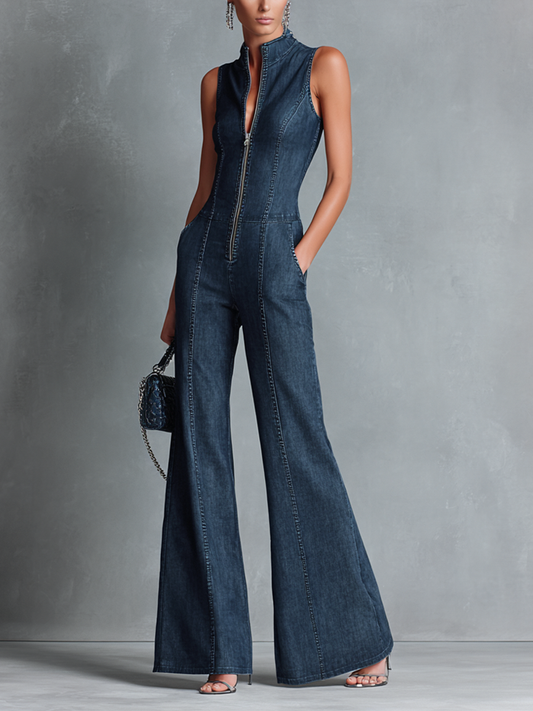 Valentine - Combinaison sans manches en denim bleu foncé à col montant évasé de style rétro