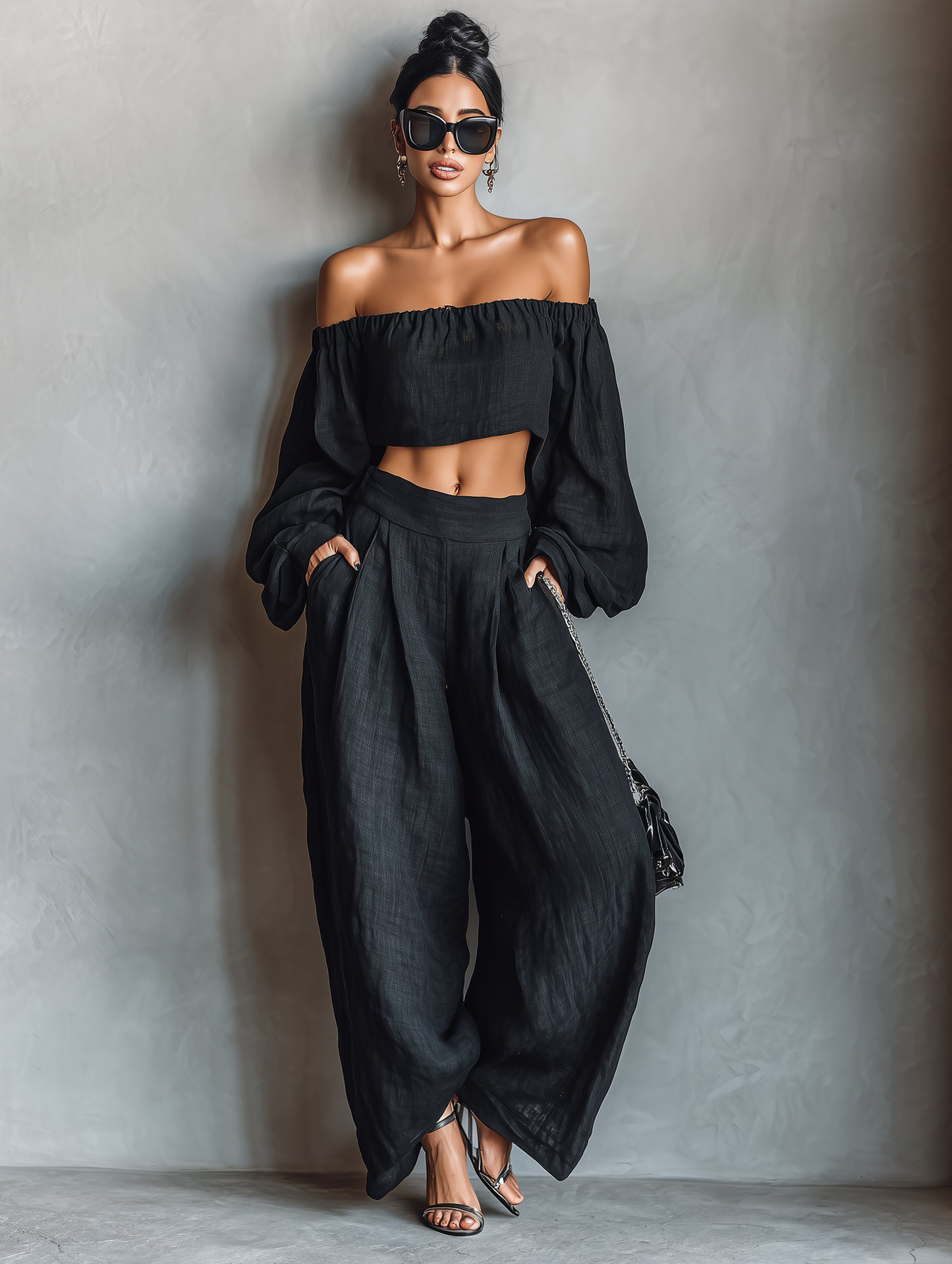 Laurine - Ensemble de Blouse à Manches Longues Sans Bretelles en Mélange de Lin et Pantalon à Jambes Larges