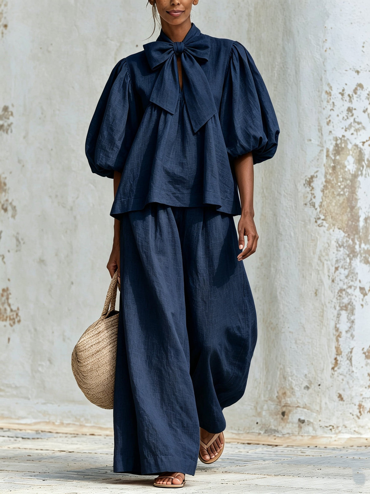 Ysaline | Ensemble Deux Pièces Haut à Nœud et Manches Bouffantes et Pantalon Large, Rose