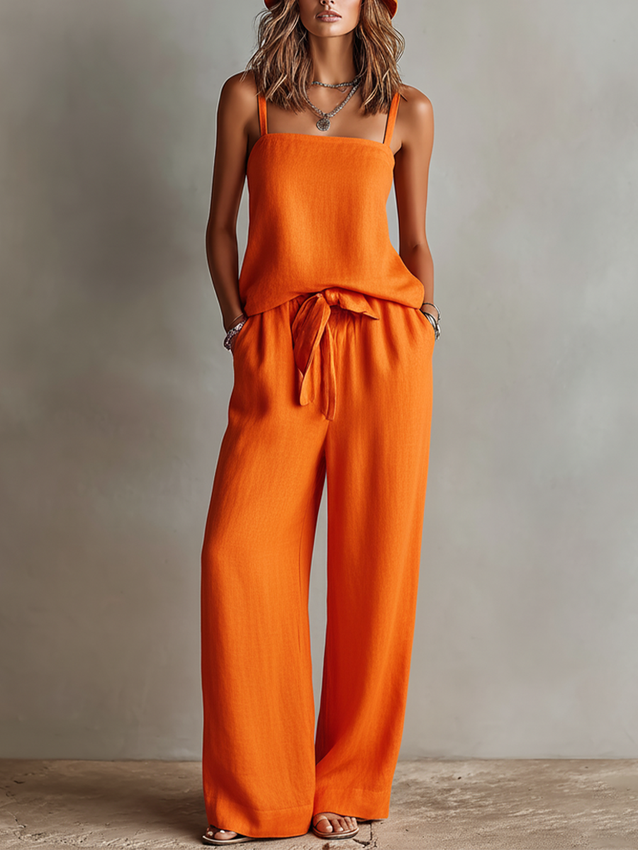 Zoé - Ensemble deux pièces en lin orange pour femme