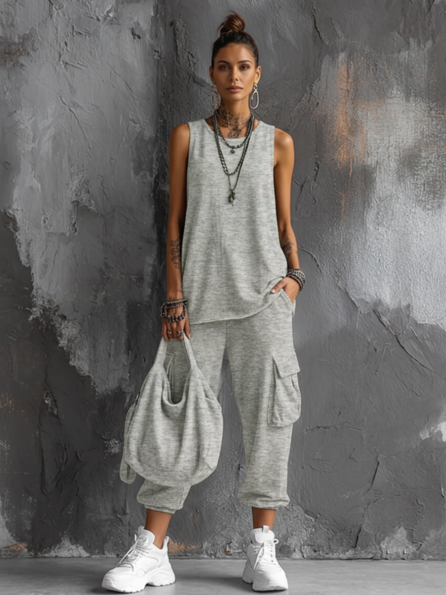 Émilie - Ensemble Haut Sans Manches en Mélange de Coton Gris Foncé + Pantalons Cargo Jogger Style Décontracté