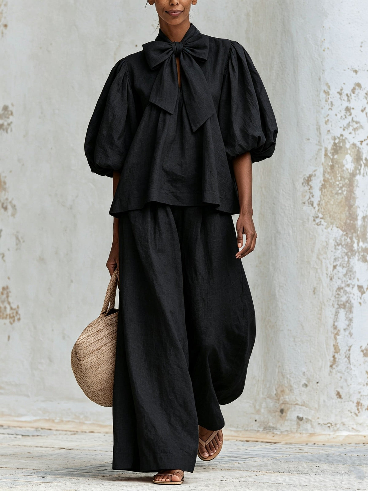 Ysaline | Ensemble Deux Pièces Haut à Nœud et Manches Bouffantes et Pantalon Large, Rose