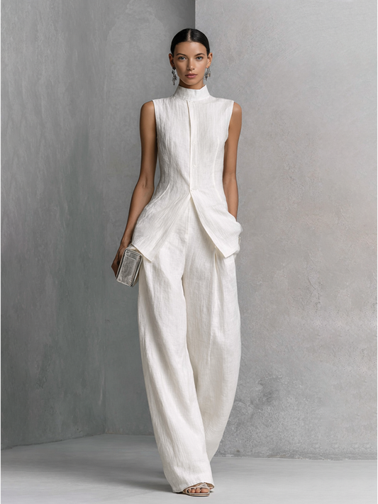Tiphaine - Ensemble de Top sans Manches en Lin et Coton Blanc Élégant et Pantalons à Jambes Amples
