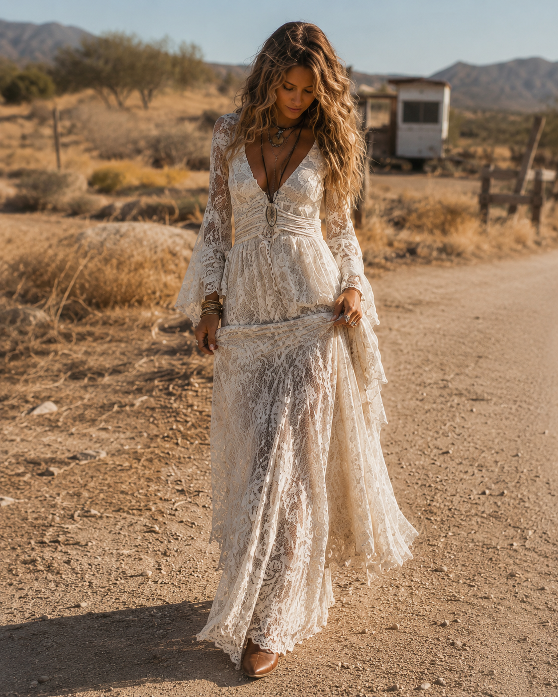 Léontine | Robe Maxi en Dentelle avec Manches Évasées, Ivoire