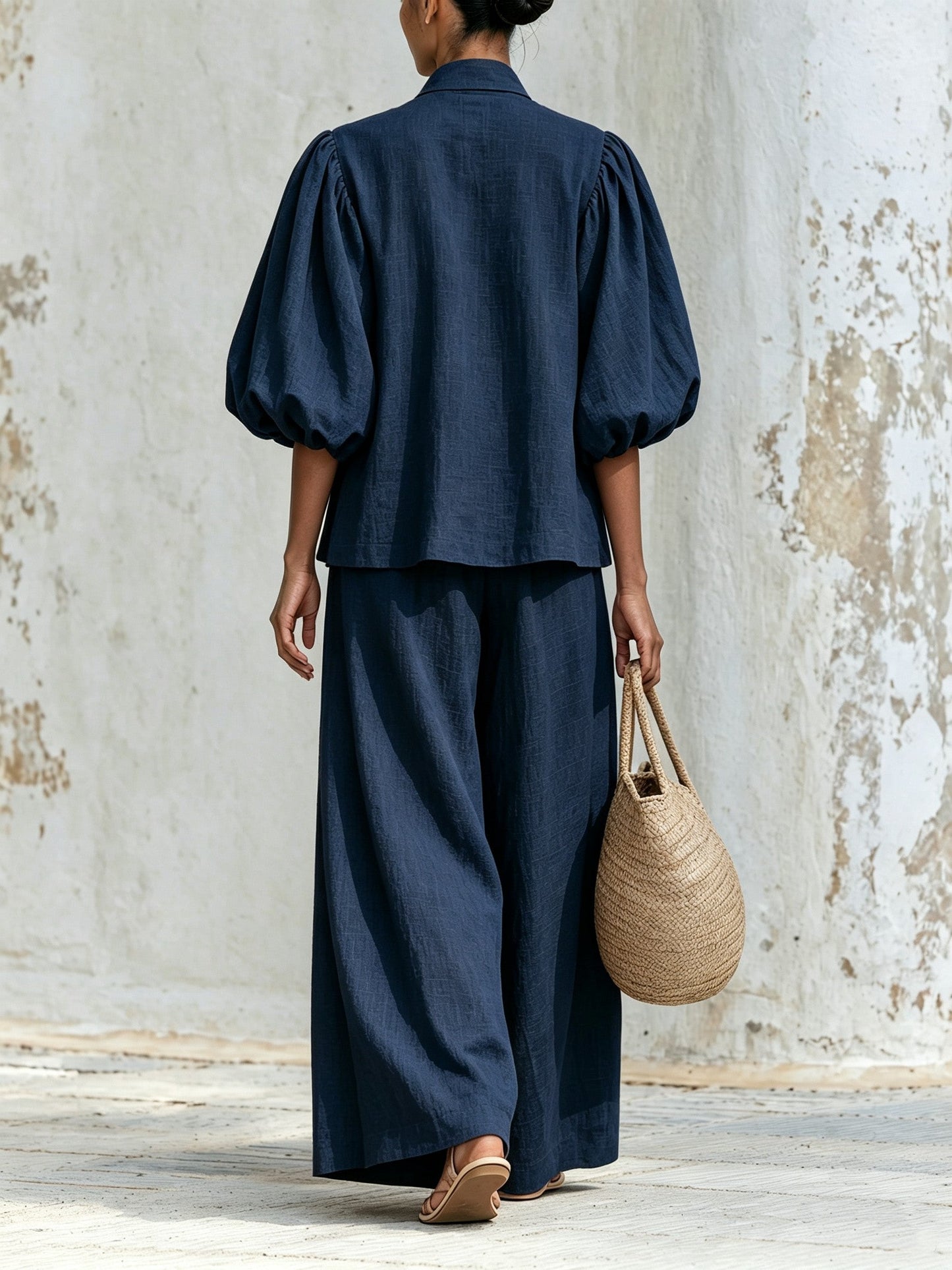Ysaline | Ensemble Deux Pièces Haut à Nœud et Manches Bouffantes et Pantalon Large, Rose