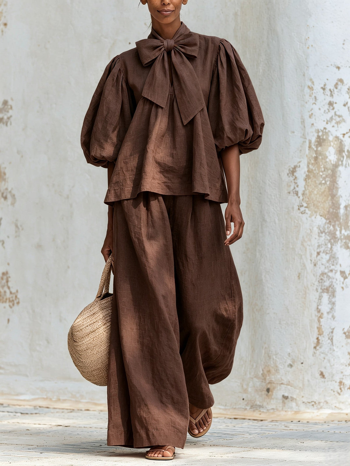 Ysaline | Ensemble Deux Pièces Haut à Nœud et Manches Bouffantes et Pantalon Large, Rose