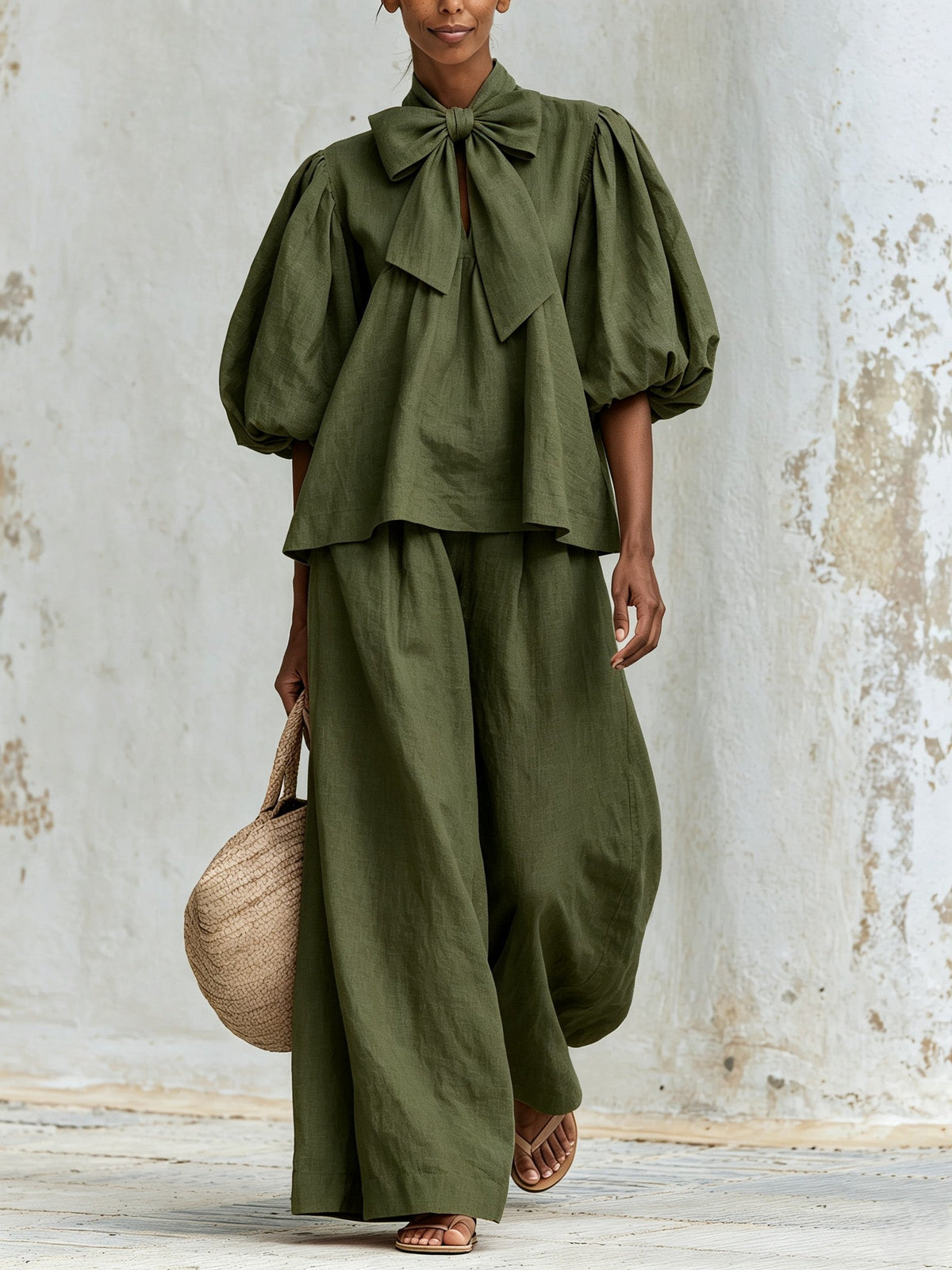 Ysaline | Ensemble Deux Pièces Haut à Nœud et Manches Bouffantes et Pantalon Large, Rose