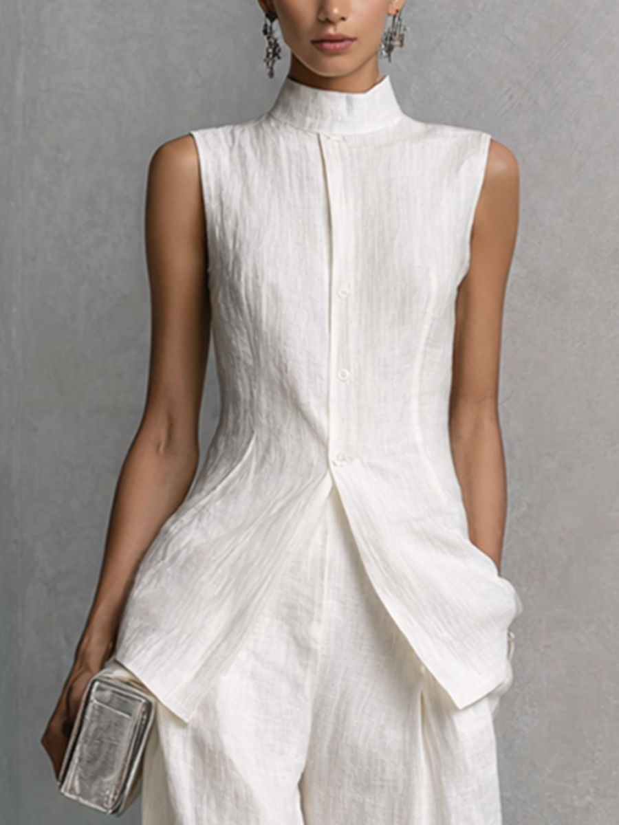Tiphaine - Ensemble de Top sans Manches en Lin et Coton Blanc Élégant et Pantalons à Jambes Amples