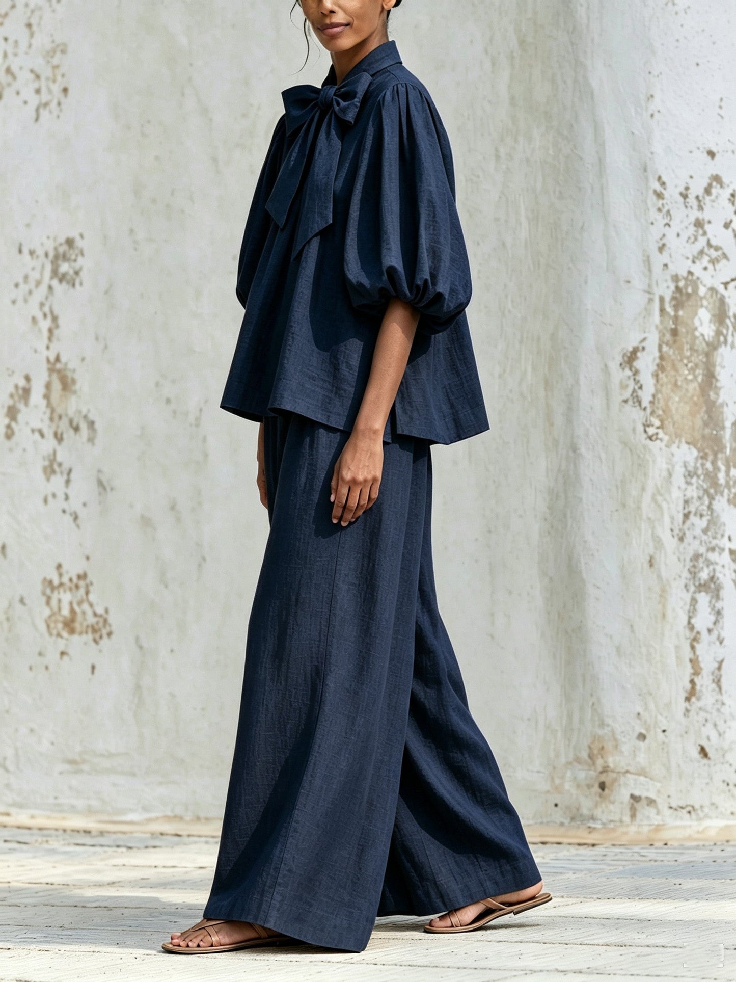 Ysaline | Ensemble Deux Pièces Haut à Nœud et Manches Bouffantes et Pantalon Large, Rose