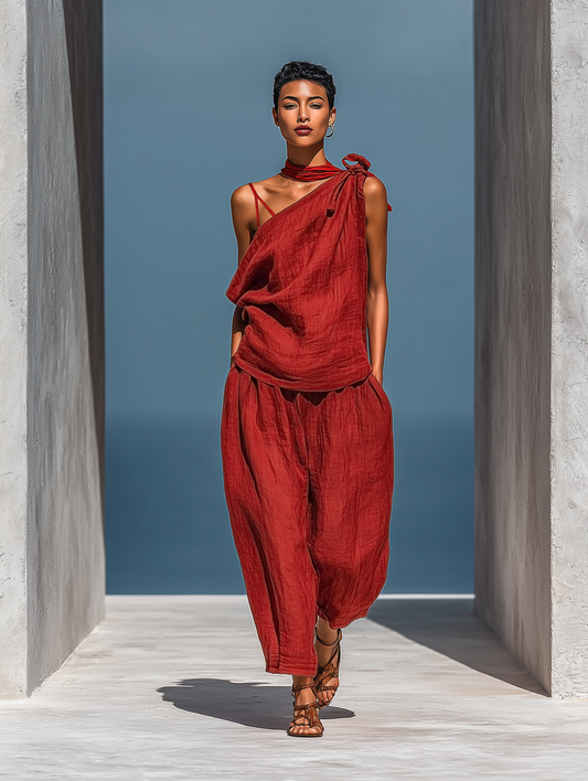 Blanche - Ensemble Rouge en Lin à Deux Pièces : Top Asymétrique à Une Épaule (Sans Écharpe) & Pantalon Large avec Poches
