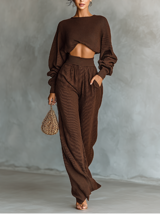 Amandine - Ensemble Tricoté Top Court Couleur Café Et Pantalons Amples