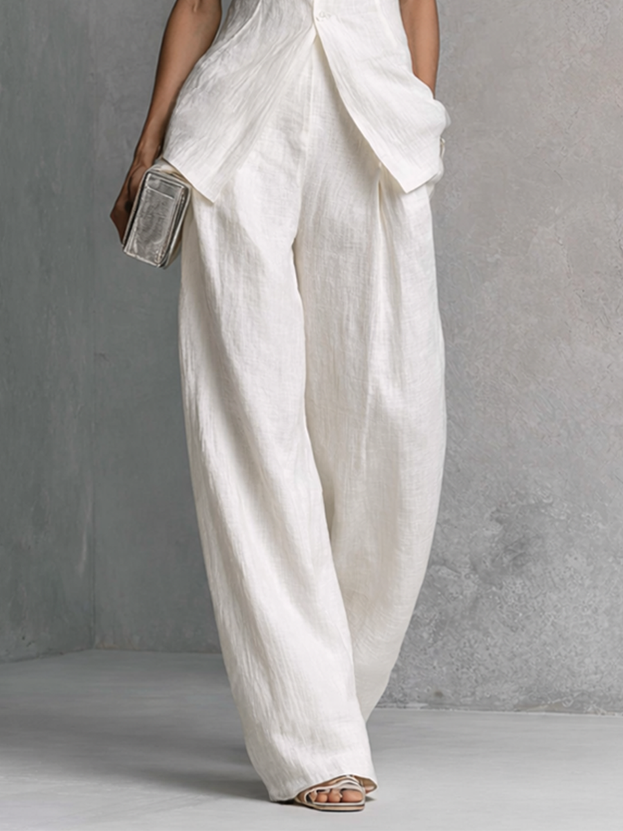 Tiphaine - Ensemble de Top sans Manches en Lin et Coton Blanc Élégant et Pantalons à Jambes Amples