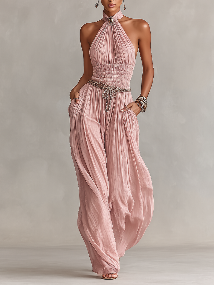 Margaux - Combinaison Plissée Femme en Rose avec Col Halter & Taille Froncée