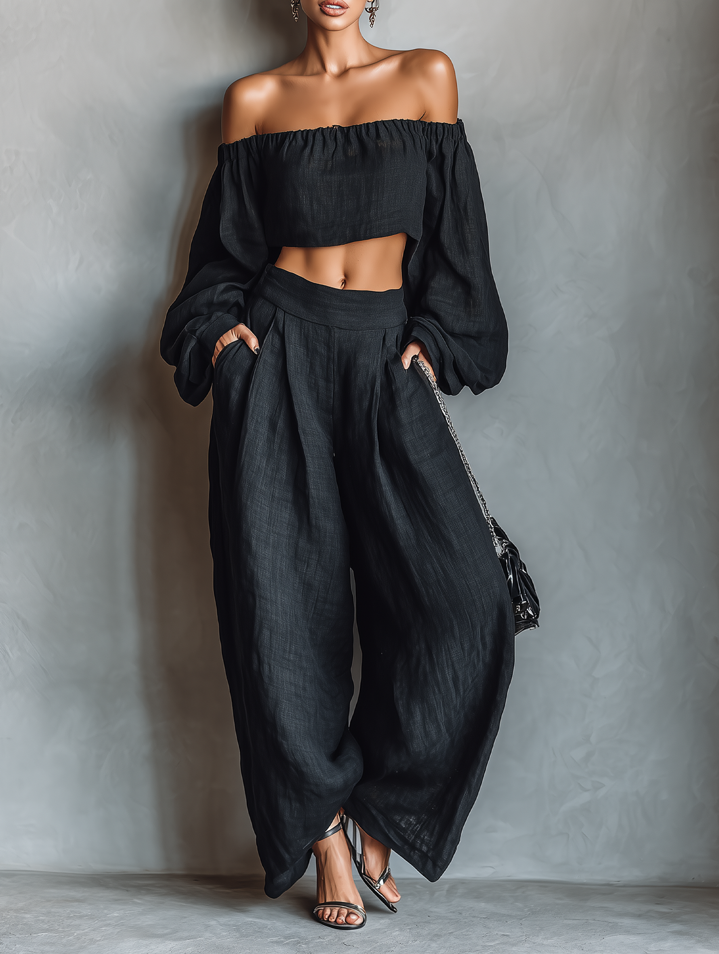 Laurine - Ensemble de Blouse à Manches Longues Sans Bretelles en Mélange de Lin et Pantalon à Jambes Larges