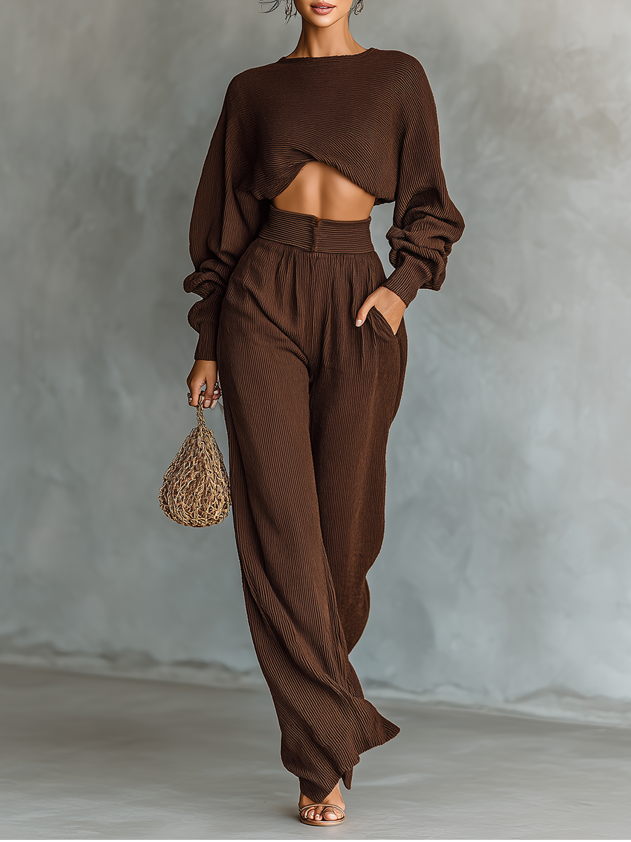 Amandine - Ensemble Tricoté Top Court Couleur Café Et Pantalons Amples