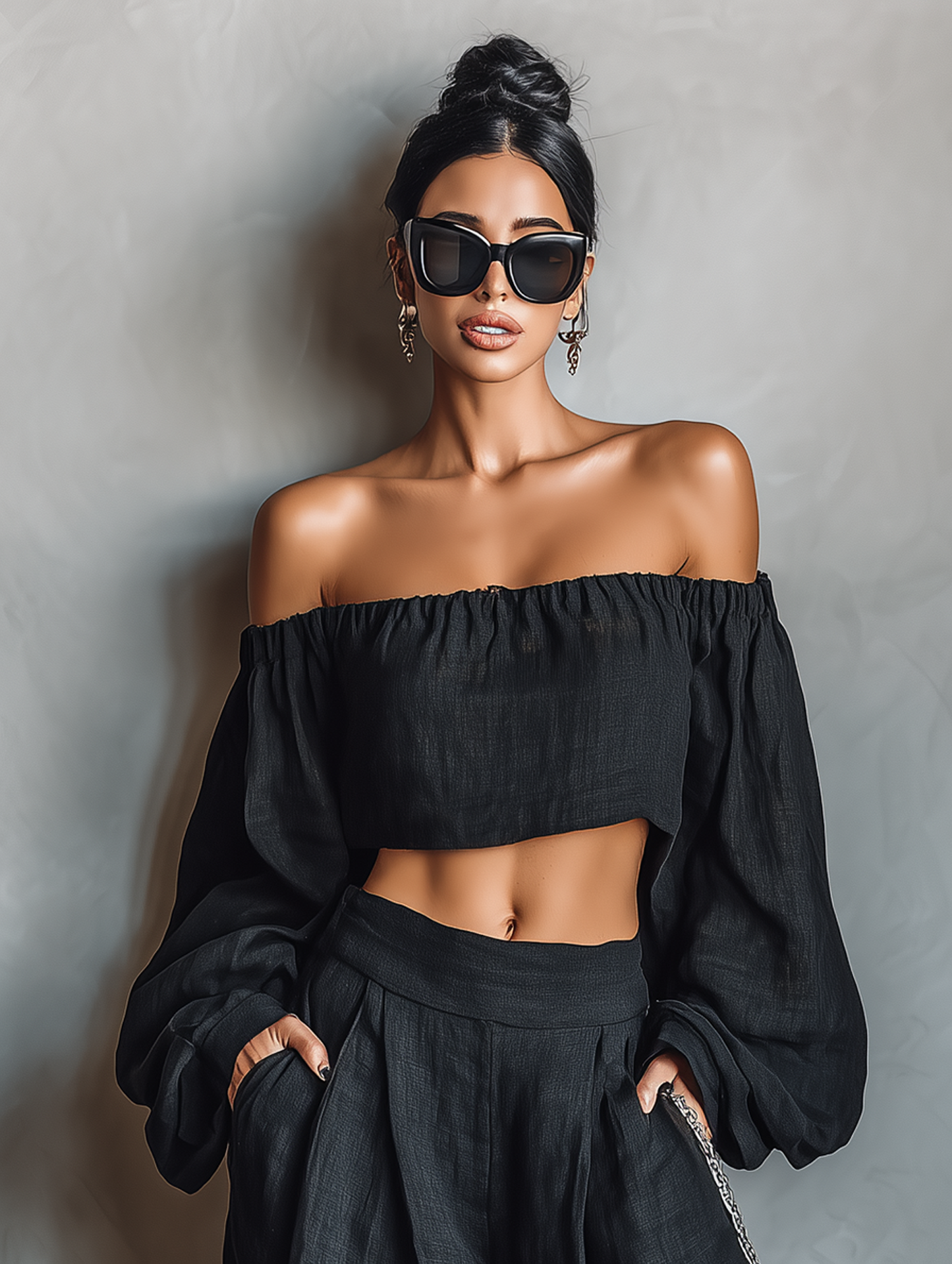 Laurine - Ensemble de Blouse à Manches Longues Sans Bretelles en Mélange de Lin et Pantalon à Jambes Larges