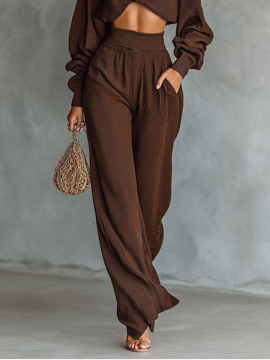 Amandine - Ensemble Tricoté Top Court Couleur Café Et Pantalons Amples