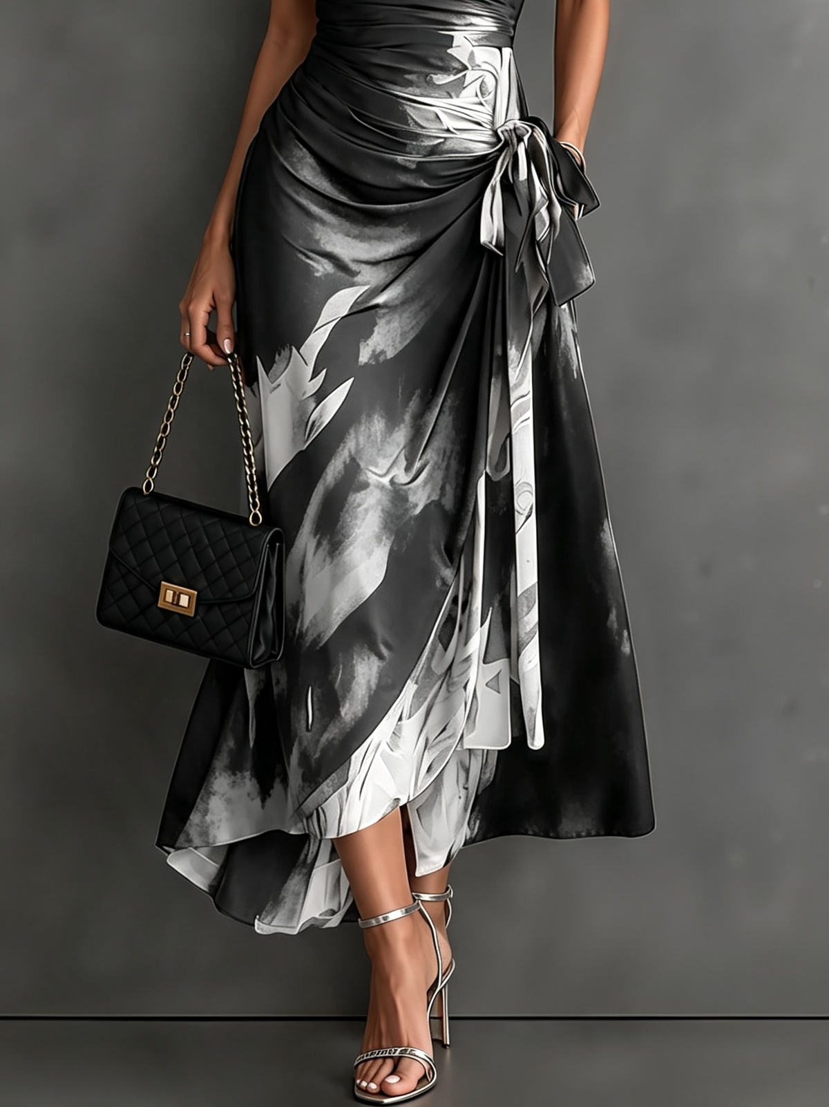Ophélie | Robe Midi Portefeuille en Imprimé Abstrait, Noir et Blanc