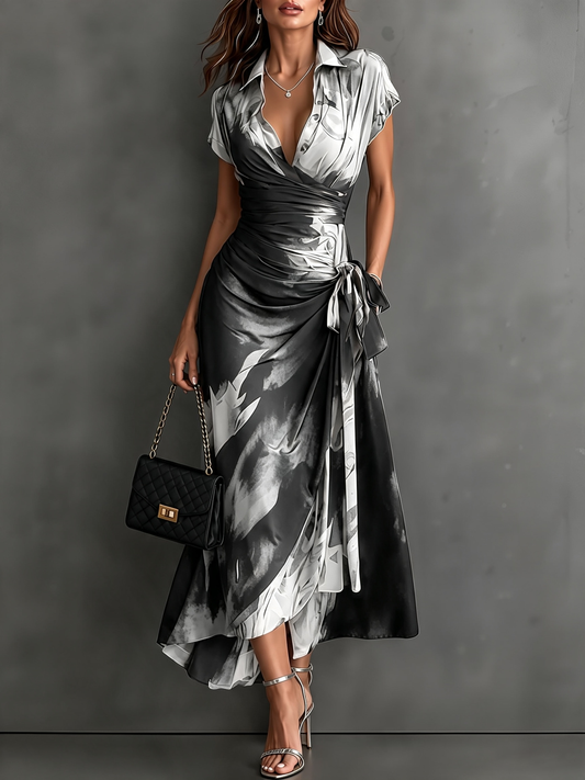 Ophélie | Robe Midi Portefeuille en Imprimé Abstrait, Noir et Blanc